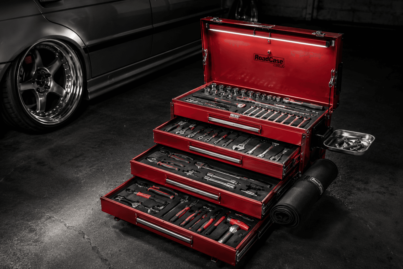 RoadCase open with tools and LED work light